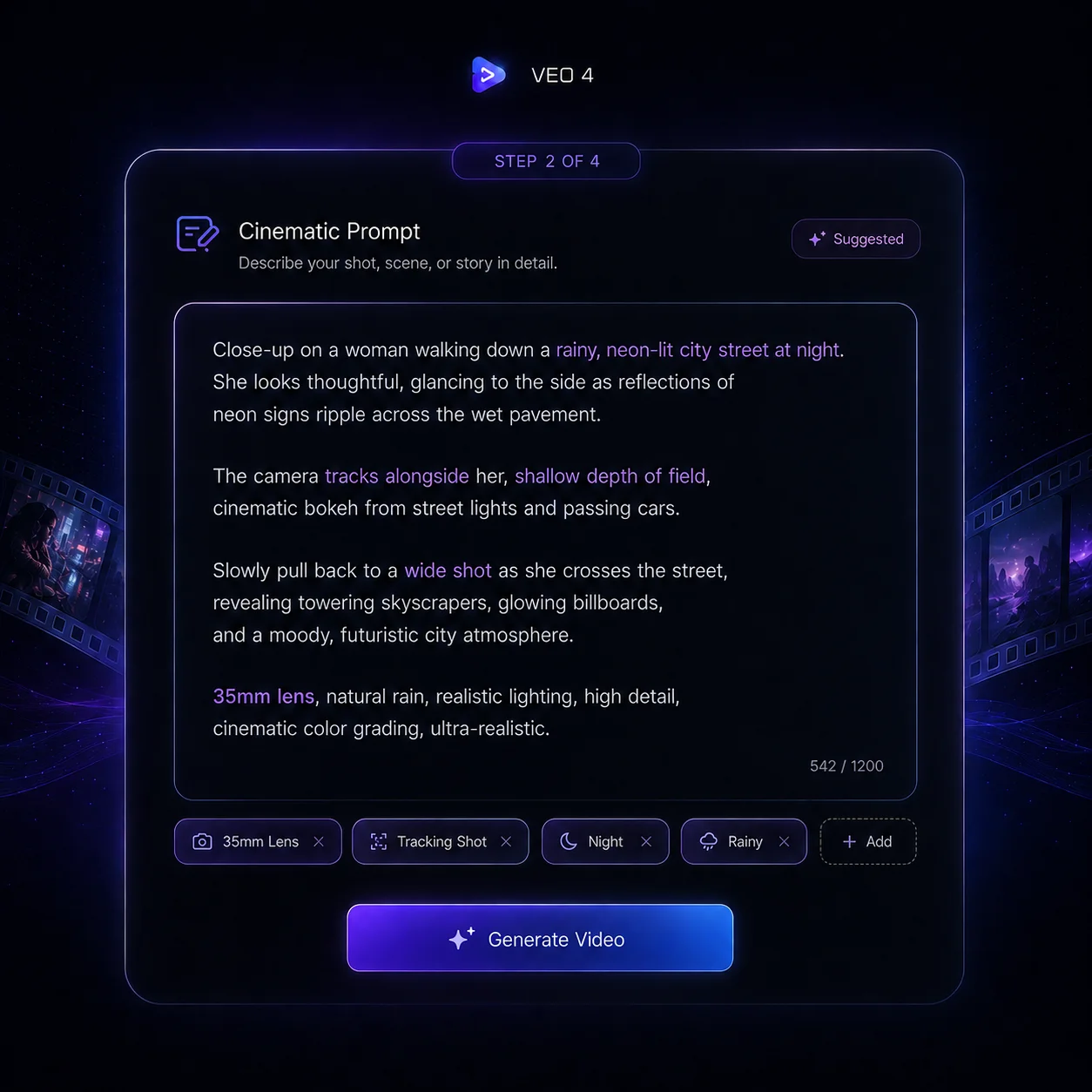 Writing detailed prompts for video generation